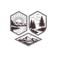 Three badges with mountains, trees and sun vector
