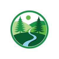 A green and white logo with a river and trees vector