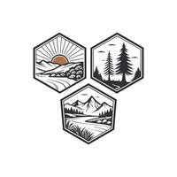 Three different logos for a company with mountains, trees and sun vector