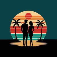 A couple standing on the beach with palm trees in the background vector