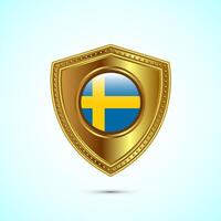 Rounded flag of Sweden with glossy gold shield vector