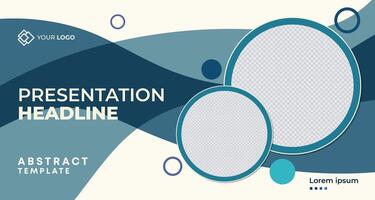 Modern blue and teal business presentation template with overlapping circular patterns, customizable text areas, and a clean design, perfect for branding and advertising vector