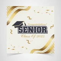 Stylish senior class of 2025 design with a white and gold theme, featuring a graduation cap and ribbon elements to celebrate academic achievements in elegance vector
