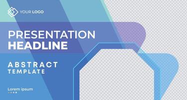 Abstract business presentation banner with shades of blue and purple geometric shapes, customizable text areas, and a sleek layout, perfect for branding and advertising vector