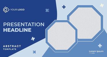 Professional blue business presentation banner with hexagonal geometric patterns and customizable text sections, perfect for corporate branding and advertising projects vector