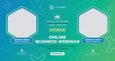 Professional green and blue webinar banner with hexagonal placeholders and text areas, perfect for online business events, branding, and marketing campaigns vector