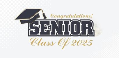 Modern senior class of 2025 design in white and gold, featuring bold typography, a black graduation cap, and an elegant style to celebrate graduates' achievements vector