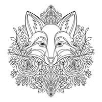 Intricate Fox and Floral Patterns A Detailed Coloring Page for Artistic Enthusiasts vector