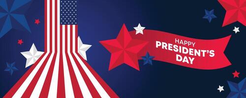 presidents day banner with hanging red and white star patterns, blue background, and festive elements for a patriotic design vector