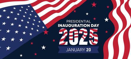 2025 presidential inauguration banner with bold American flag patterns, decorative stars, and red and white wavy lines vector