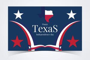 Texas Independence Day banner featuring elegant red and white curves, blue background, and bold text with map silhouette and stars vector