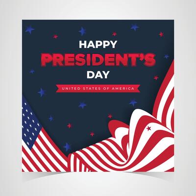 Happy presidents day banner with flowing red and white abstract wave patterns on a blue background in a clean patriotic design