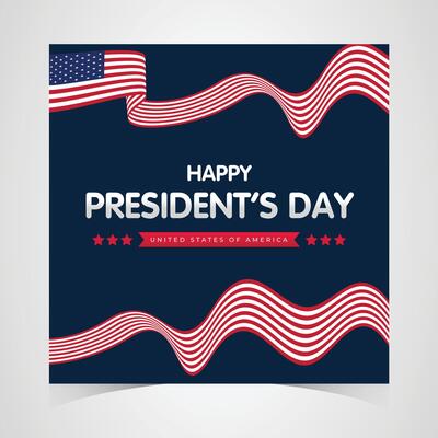 Happy presidents day banner with flowing red and white abstract wave patterns on a clean blue background for a patriotic design