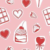 Romantic sweets seamless pattern with cut out elements. Hand drawn cake, chocolate, strawberries, heart shape cookies and lollipop on pink background vector