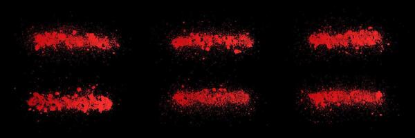 Red paint splatters or ink splashes isolated on black background. Grunge graffiti painted borders and shapes set. Blood splatter textured effect bundle. Graphic design grungy painted style concept vector