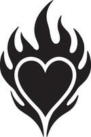 a black and white illustration of a heart with a flame vector