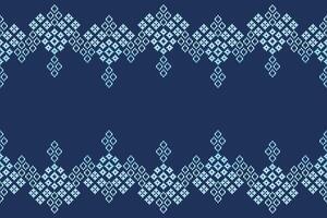 Cross stitch decoration fabric pattern of ethnic pattern blue color background art. vector