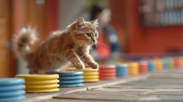 un jengibre gatito saltos terminado un línea de vistoso obstáculos en un juguetón ajuste foto