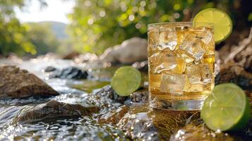 An iced tea drink with lime wedges by a stream on a sunny day photo