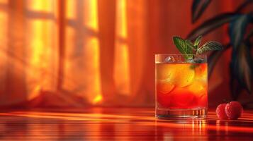 A refreshing cocktail with mint and ice on a wooden table photo