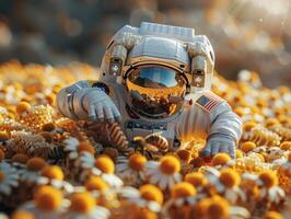 Astronaut exploring a field of golden honeycombs photo