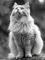 A cat sits on a rock, staring intently up at something off-camera photo