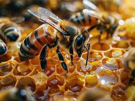 A honeybee collects nectar from a honeycomb, showcasing the intricate details of the hive photo