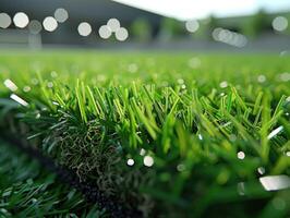 Close-up image of artificial grass blades, showing texture and detail photo