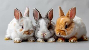 Three cute bunnies with different fur colors, sitting in a row on a grey background photo