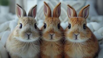 Three cute bunnies sit together in a fluffy nest, looking directly at the camera photo