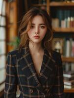 A woman in a plaid blazer stands in a bookstore photo