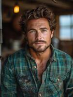 A portrait of a man in a plaid shirt, with a contemplative expression photo