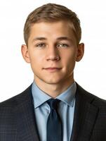 A young man in a suit and tie, with a serious expression, stares directly at the camera photo