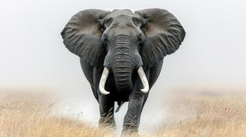 A lone elephant walks through a hazy savannah photo
