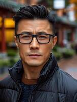 A man with dark hair and glasses stands in a city street, looking directly at the camera photo