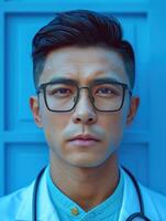 A close-up portrait of a doctor with a focused expression photo