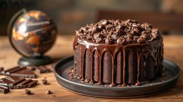 A close-up view of a chocolate cake topped with ganache and chocolate chips photo