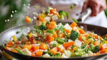 Close-up of a wok filled with colorful vegetables being stir-fried photo