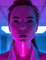Close-up portrait of a woman illuminated by neon lights photo