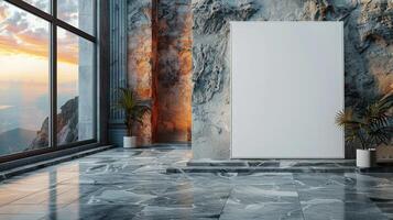 An empty white canvas stands ready against a breathtaking sunset view photo