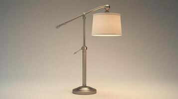 A silver floor lamp with a white shade casts a soft glow in a studio setting photo