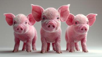 Three adorable piglets stand in a row, looking at the camera with curious expressions photo
