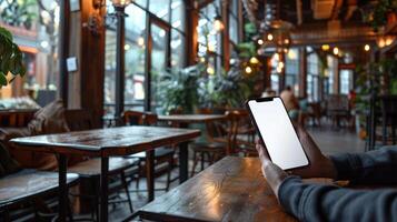 Person relaxes at a cafe table, enjoys ambiance, scrolls through smartphone photo