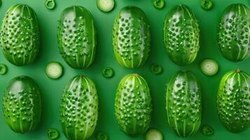 Green cucumbers arranged in a pattern photo