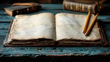 An open, aged book with pencils resting on its pages, ready for the next chapter photo