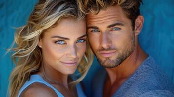 A close-up portrait of a young couple with blue eyes, looking directly at the camera photo