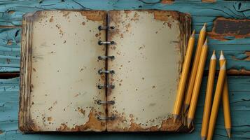 A vintage notebook rests open on a rustic wooden table, inviting creativity photo