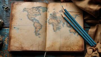A vintage map book open to reveal the world, with three pencils ready for exploring photo