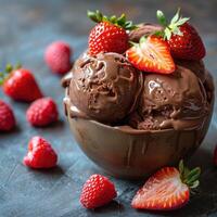 Chocolate ice cream topped with fresh strawberries photo