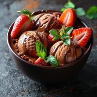 Chocolate ice cream topped with chocolate sauce and fresh strawberries photo